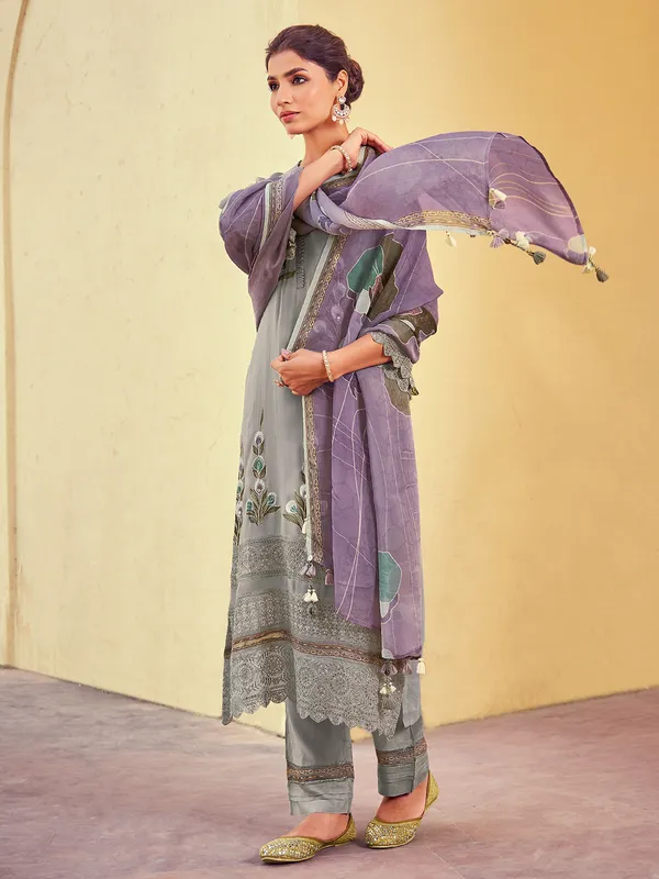 Grey organza salwar suit with cutwork