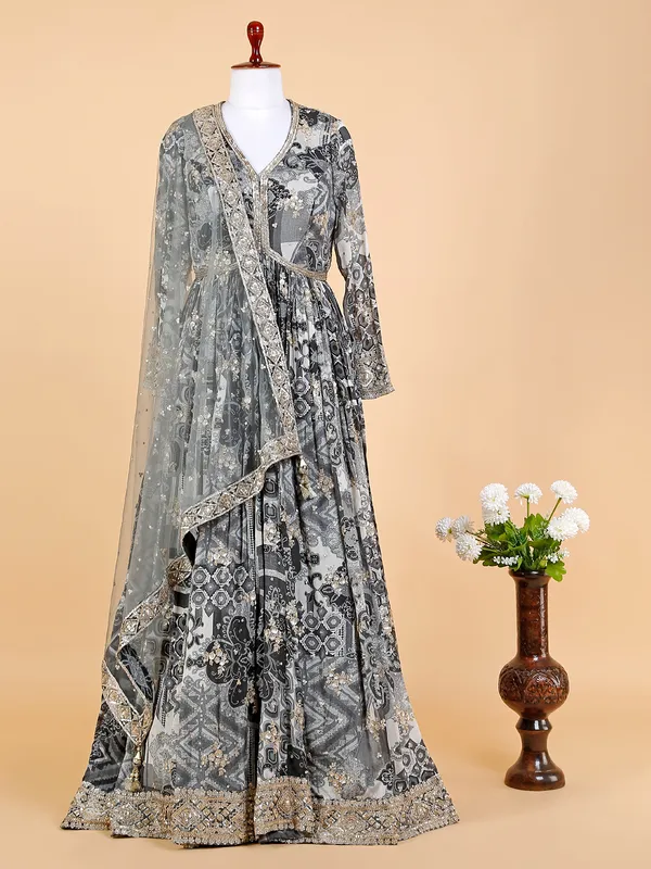 Grey printed anarkali floor length suit