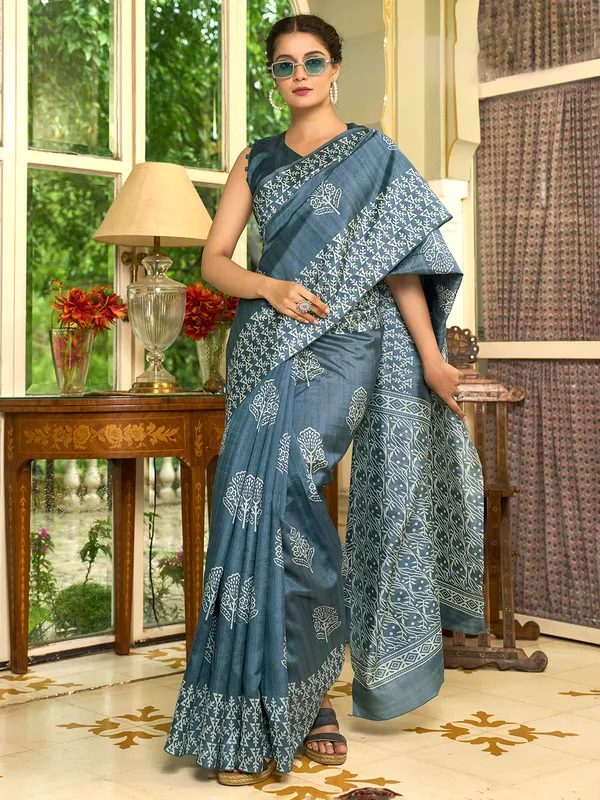 Grey printed bhagalpuri silk saree