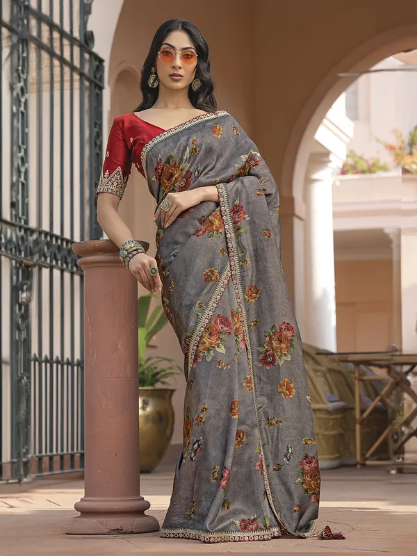 Grey printed ciscose dola silk saree