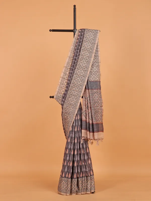 Grey printed cotton saree for festival