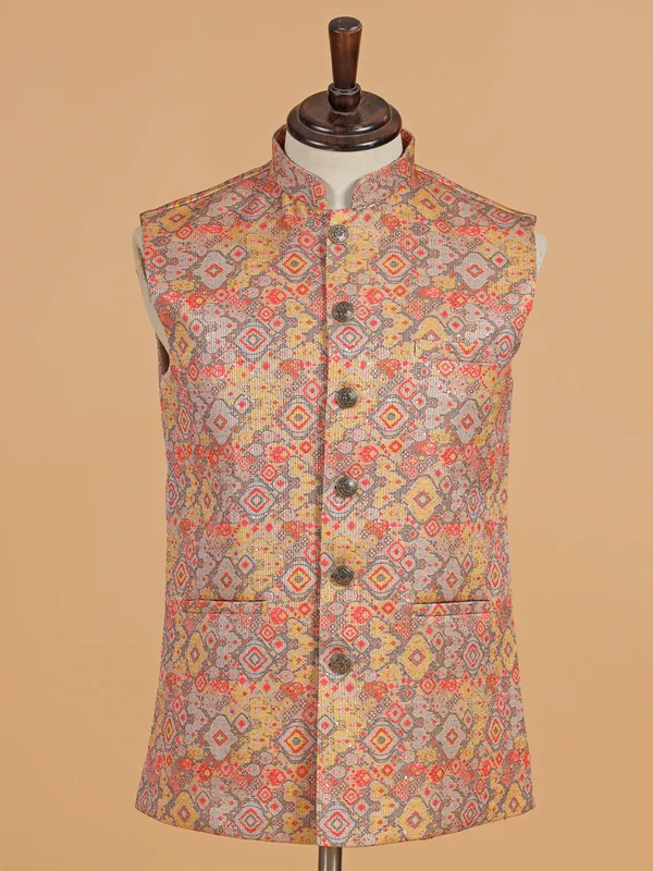 Grey printed cotton silk waistcoat for men