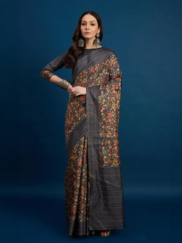 Grey printed cozi silk saree