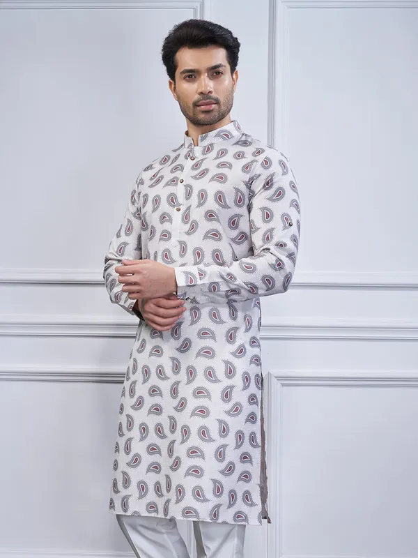 Grey printed festival wear kurta suit in cotton