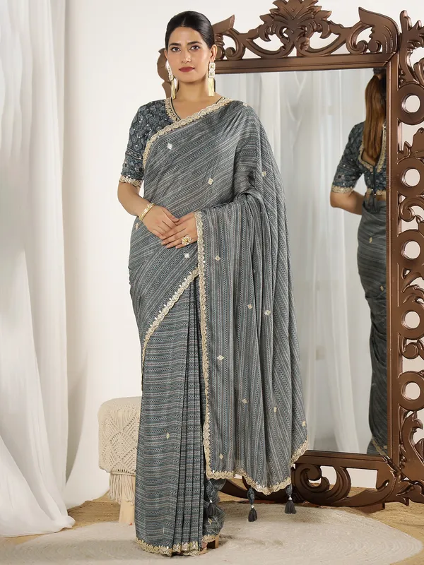 Grey printed festive style muslin saree