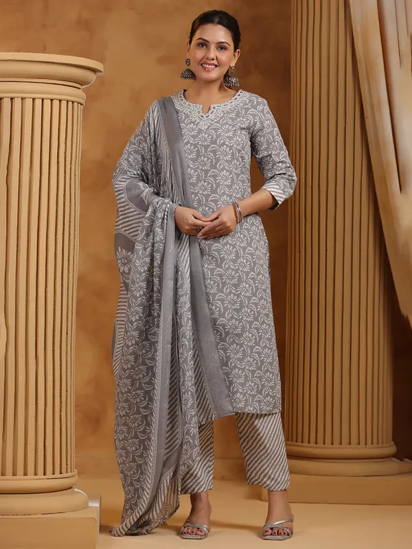 Grey printed festive wear silk kurti set