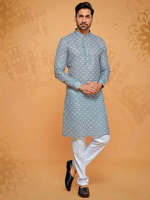 Grey printed full sleeve kurta set