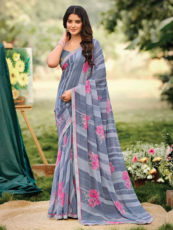 Grey printed georgette saree for casual wear