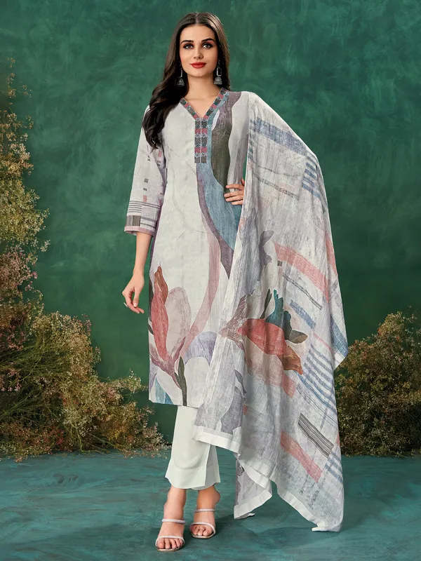 Grey printed linen salwar suit