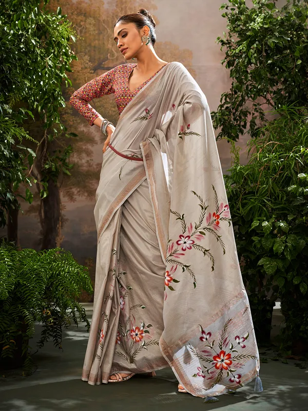 Grey printed linen saree for women festive wear