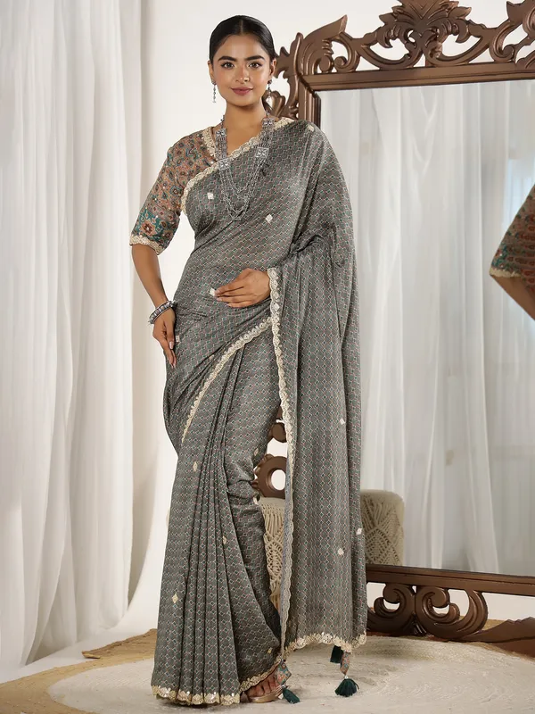 Grey printed muslin saree with ready made blouse