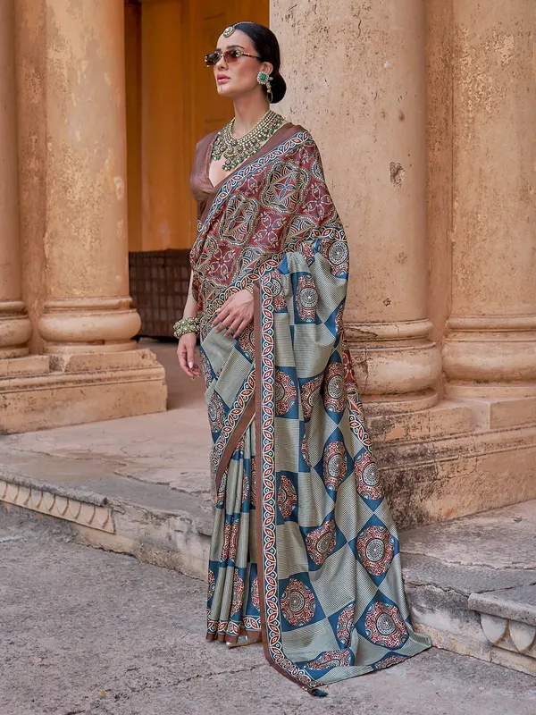 Grey printed party and festive wear saree