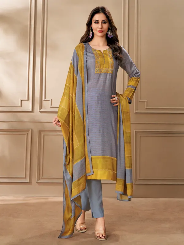 Grey printed salwar suit in dola silk