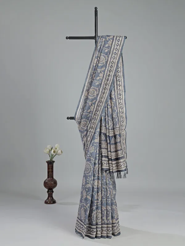 Grey printed semi cotton saree with thread work