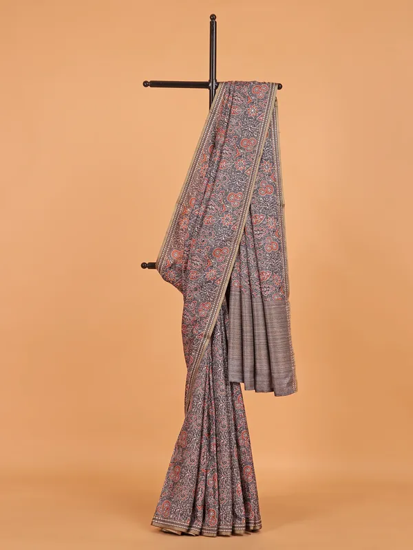 Grey printed semi cotton silk saree