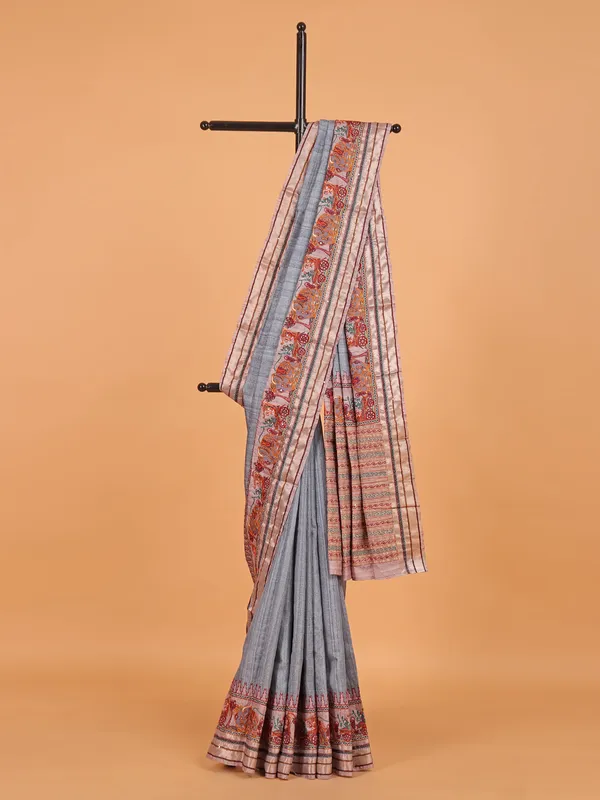 Grey printed semi cotton silk saree for festive