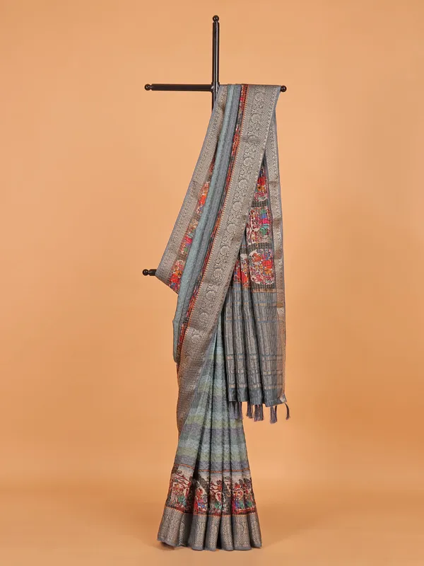 Grey printed semi dola silk saree for women