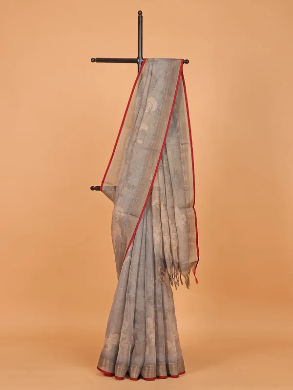 Grey printed semi linen saree for festive