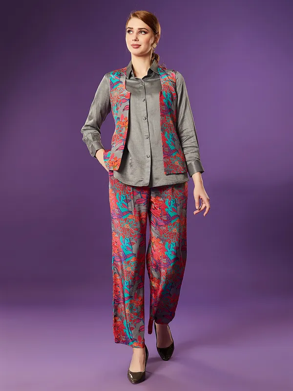 Grey printed silk co ord set for women