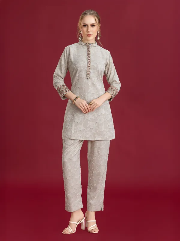 Grey printed silk pant co-ord set with embellishments