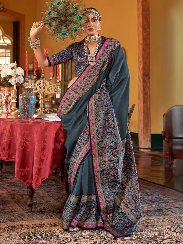 Grey printed silk saree for wedding wear
