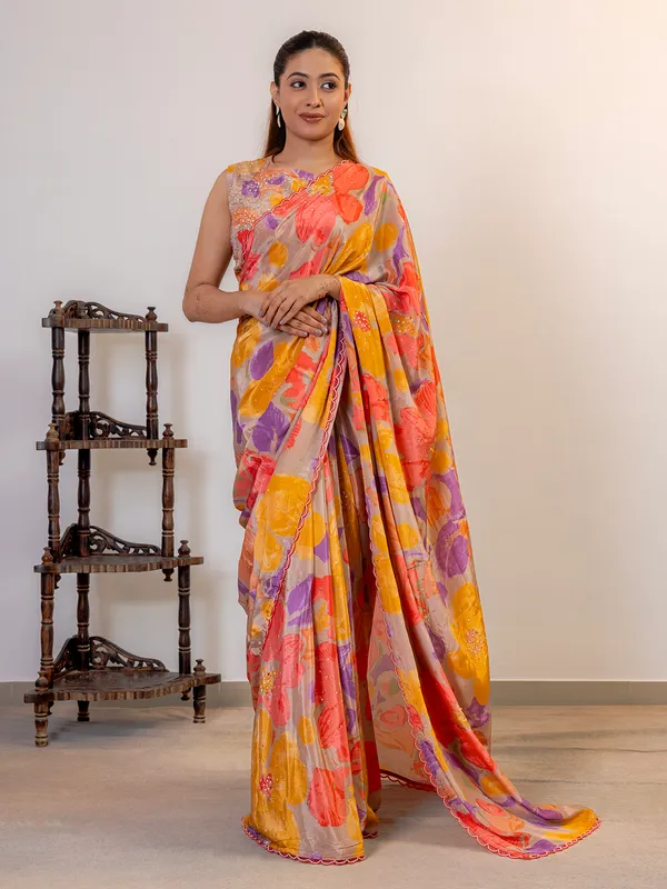 Grey printed silk saree for women