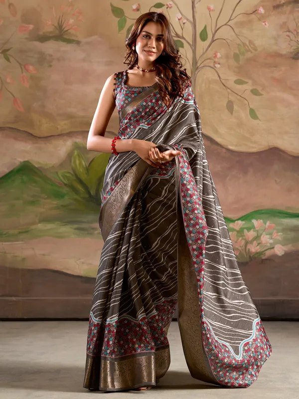 Grey printed silk saree with zari work