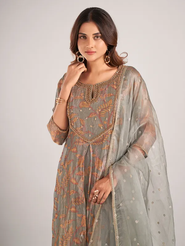 Grey printed soft organza wedding wear salwar suit