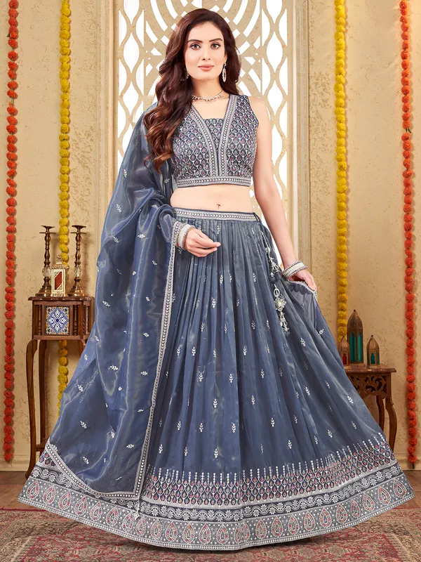 Grey resham worked silk lehenga choli