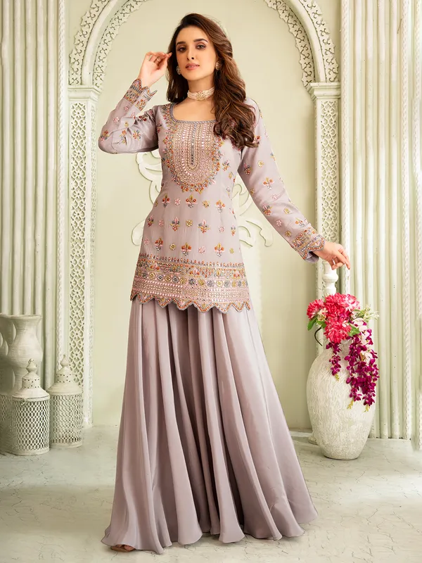 Grey satin silk pakistani palazzo suit with full sleeves