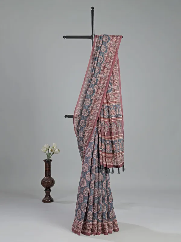 Grey semi cotton festive wear saree with print