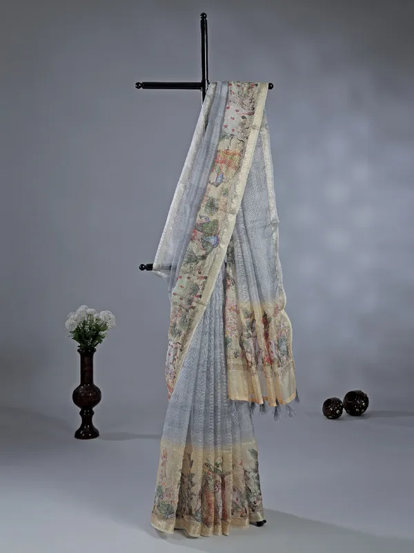 Grey semi cotton saree with zari weaving for women