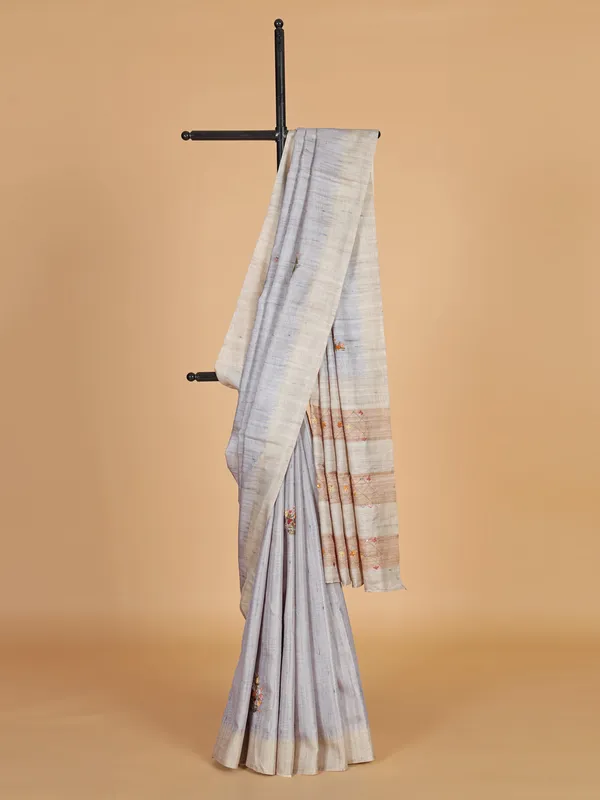 Grey semi cotton silk printed saree for festive