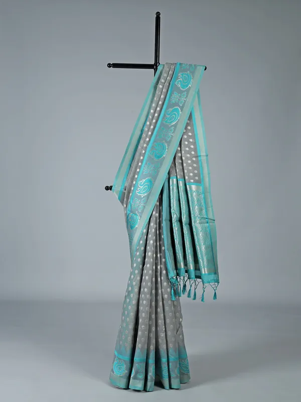 Grey semi cotton silk saree for women festive wear