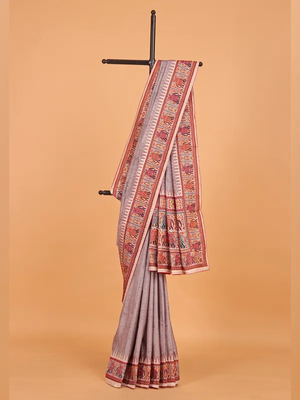 Grey semi printed silk saree for women