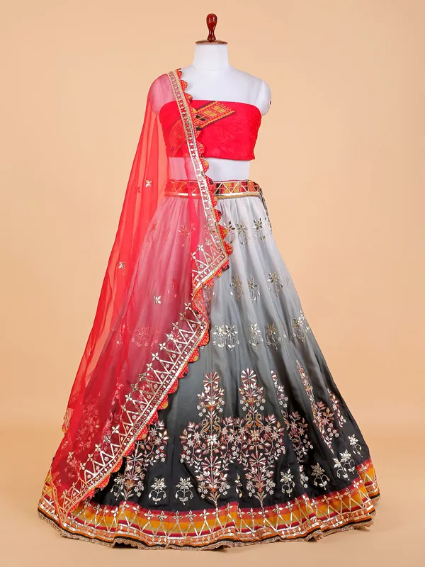 Grey shaded raw silk unstitched lehenga choli