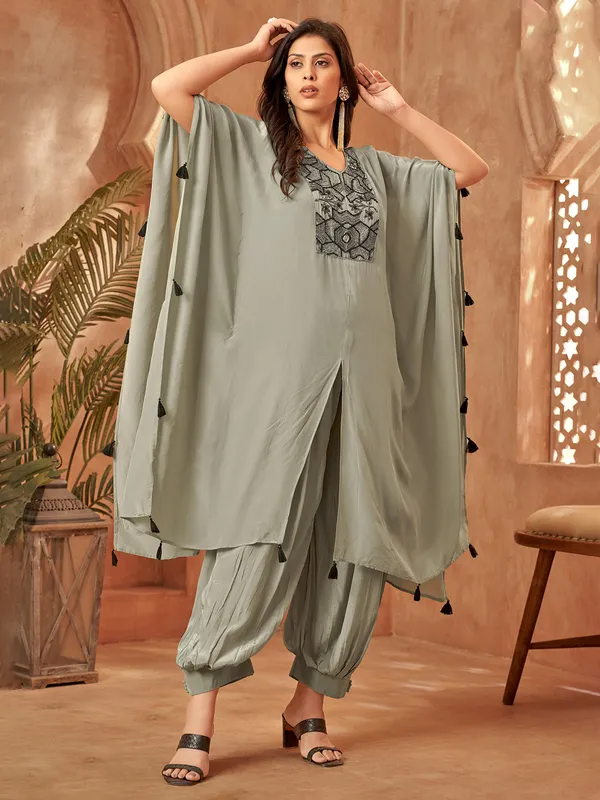 Grey silk designer kaftan suit for women