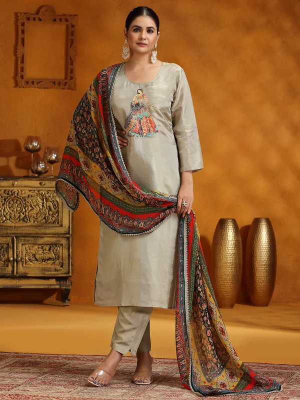Grey silk festive wear salwar suit with printed dupatta