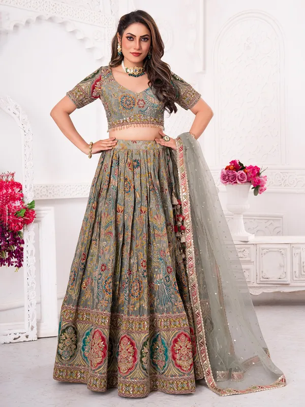 Grey silk lehenga choli for wedding elegance