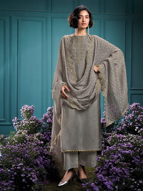 Grey silk palazzo suit with dupatta for festive wear
