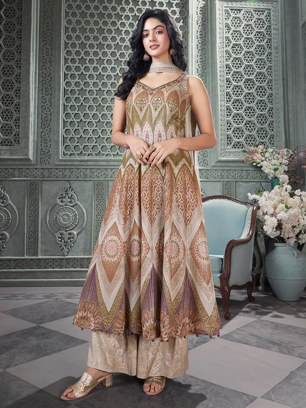 Grey silk palazzo suit with zari work