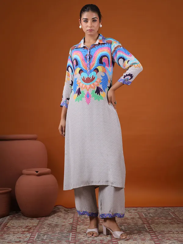 Grey silk printed kurti set for festive