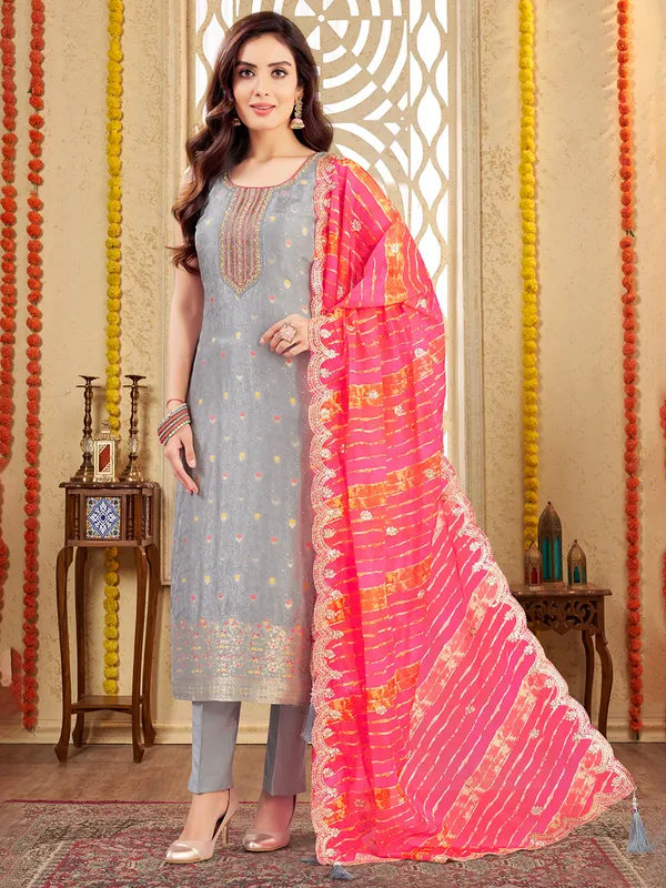 Grey silk printed salwar suit for women