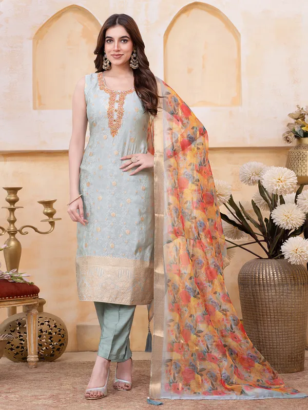 Grey silk salwar suit with printed dupatta for women