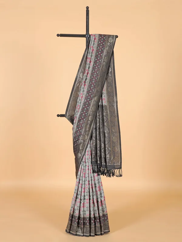 Grey silk saree with black border