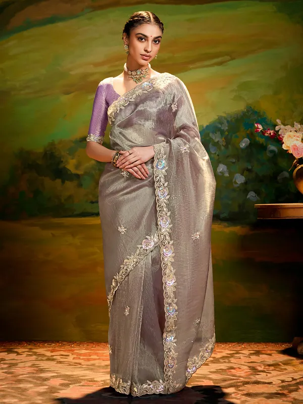 Grey silk saree with sequins work