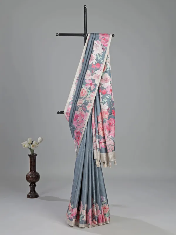 Grey silk saree with zari floral weaving