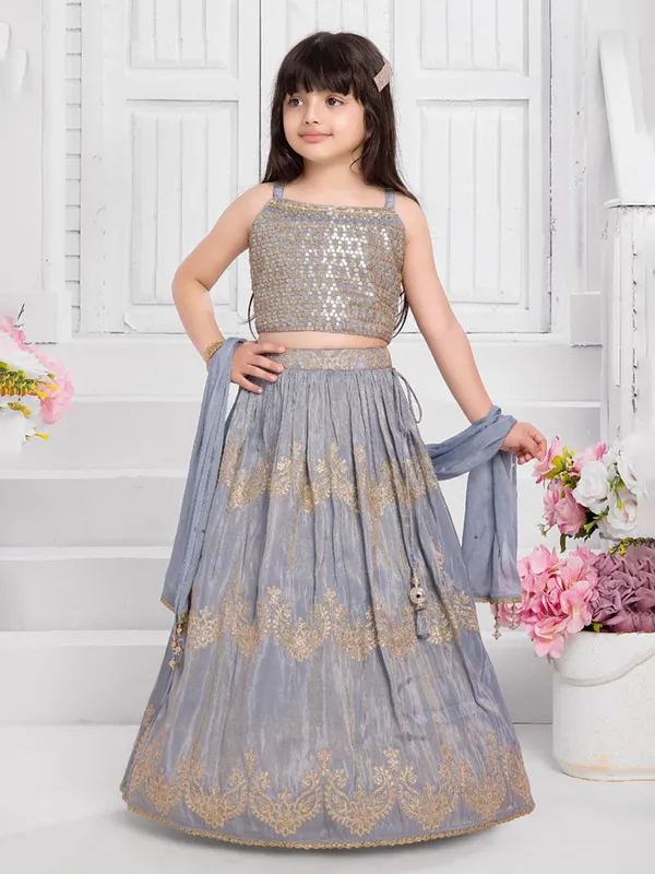 Grey silk sleeveless lehenga choli with dupatta