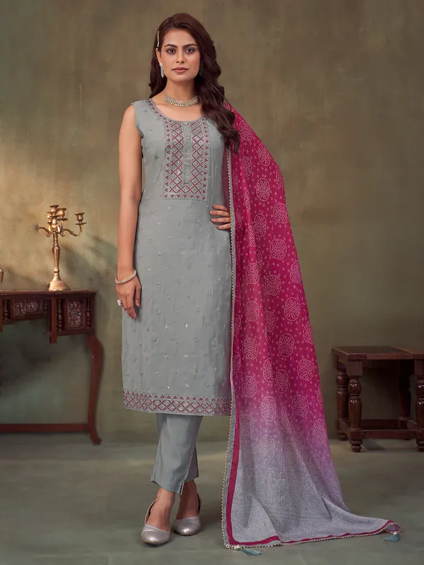 Grey silk straight cut salwar suit with dupatta