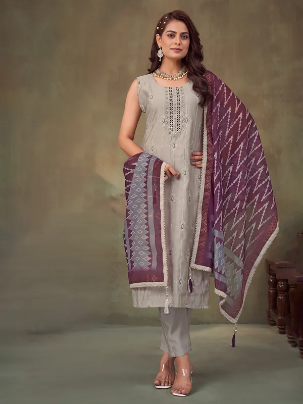 Grey silk straight cut suit with aabla and dupatta